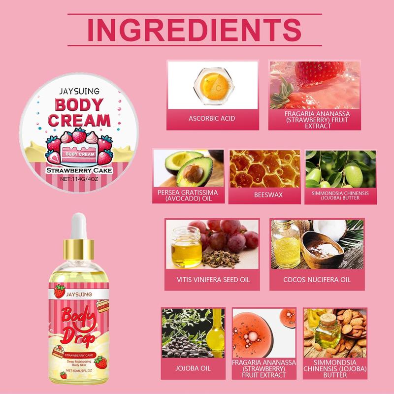 Strawberry Cake Body Skin Care Kit, 2 Counts set Body Oil & Body Cream, Moisturizing Body Care Kit for Women & Girls, Skin Care Products, Christmas Gift