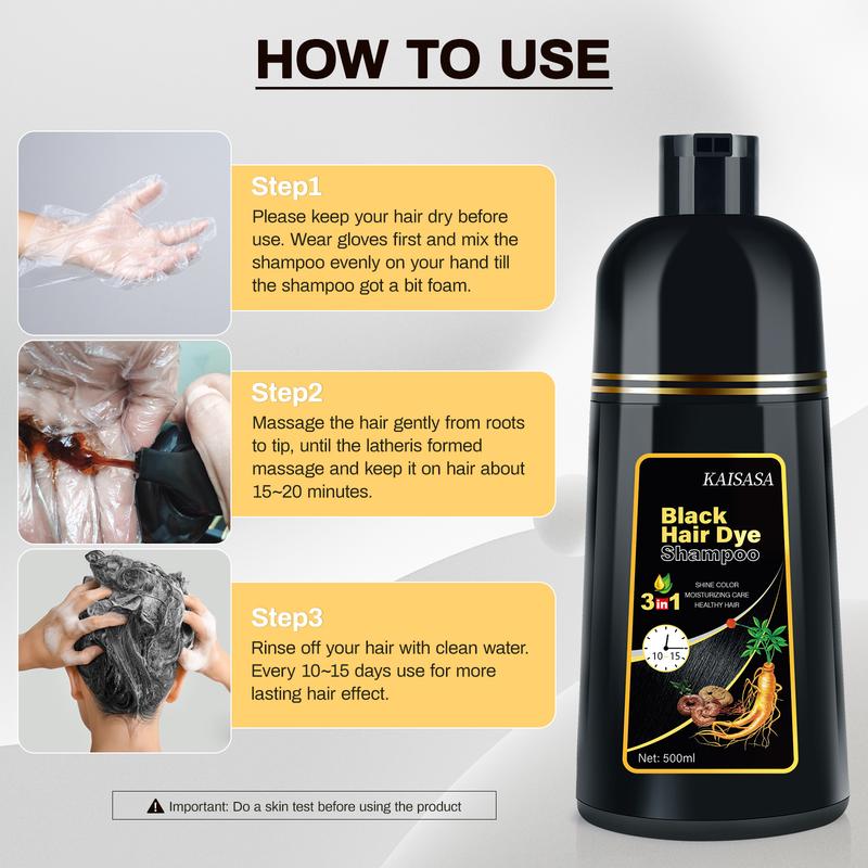 KAISASA Hair Dye Shampoo 3 in 1,Can cover gray hairs,Herbal Ingredients,Contains Ginseng Extract,Natural Haircoloring, Plant Haircare,black hairdye