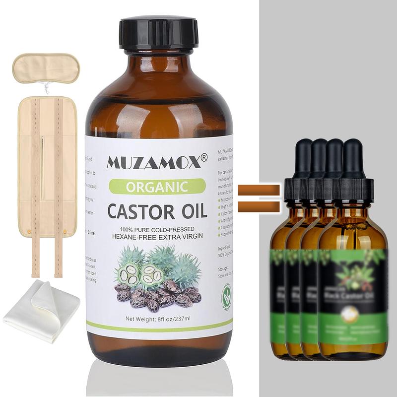 [Large Bottle] MUZAMOX Castor Oil Organic Cold Pressed Unrefined Glass Bottle (8fl.oz 237ml), Castor Oil Pack Wrap Organic Cotton and Castor Oil Packs for Body Care  Comfort Cosmetic