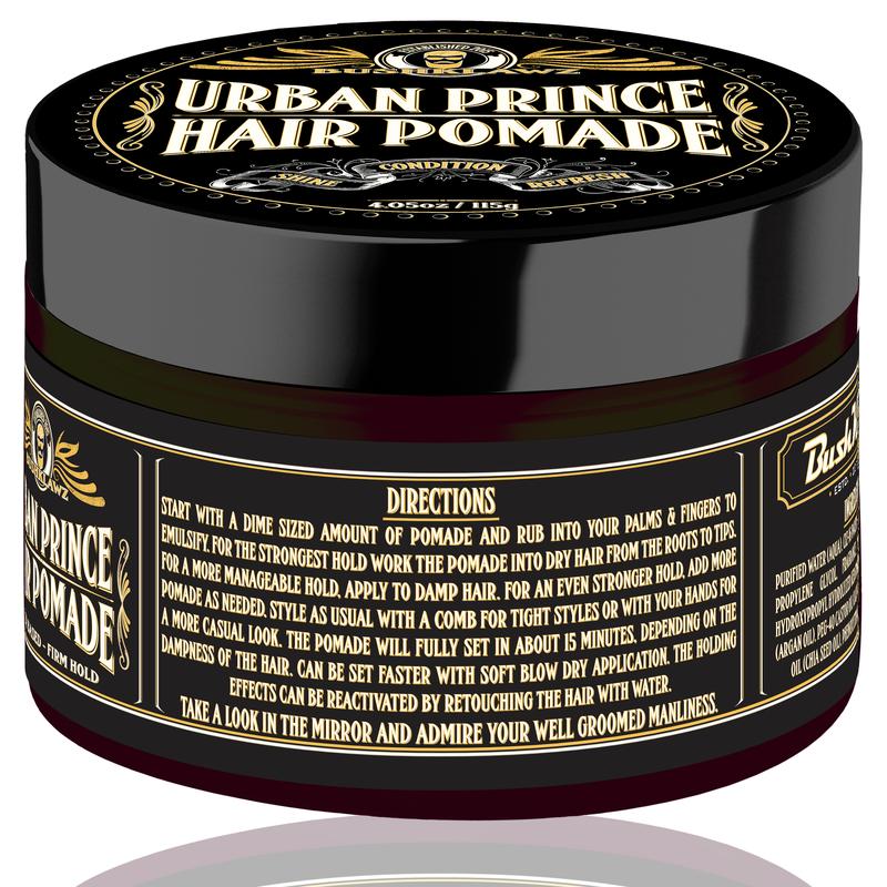 BushKlawz Urban Prince Hair Pomade Water Based Strong Hold Easy to Wash Out Gel Type for Tight Styles Men's Hair Styling Product Barber Approved Haircare Long Lasting Argan Fragrance Scented Scent