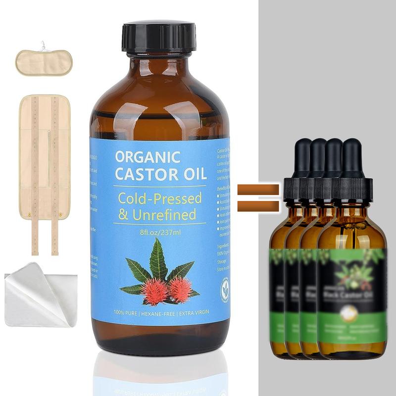 Castor Oil Organic Cold Pressed Unrefined, Organic Castor Oil Cold Pressed Glass Bottle with Castor Oil Pack Wrap and Cotton Flannel Cloth , 8oz 237ml castoroil body & massage oil Comfort Body Care Cosmetic