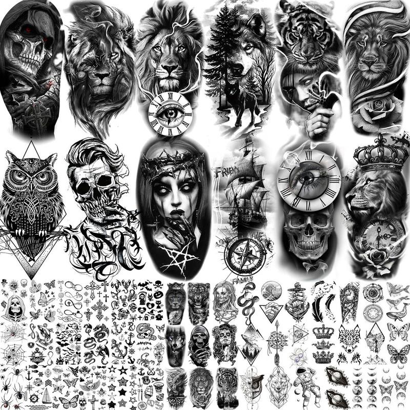 3D Black Skull Gothic Temporary Tattoos, 59pcs set 3D Skull & Animal Pattern Tattoo Sticker, Fake Tattoos for Adult & Teens, Temporary Tattoo for Adults, Fake Tattoo for Party & Daily Life, Summer Gifts