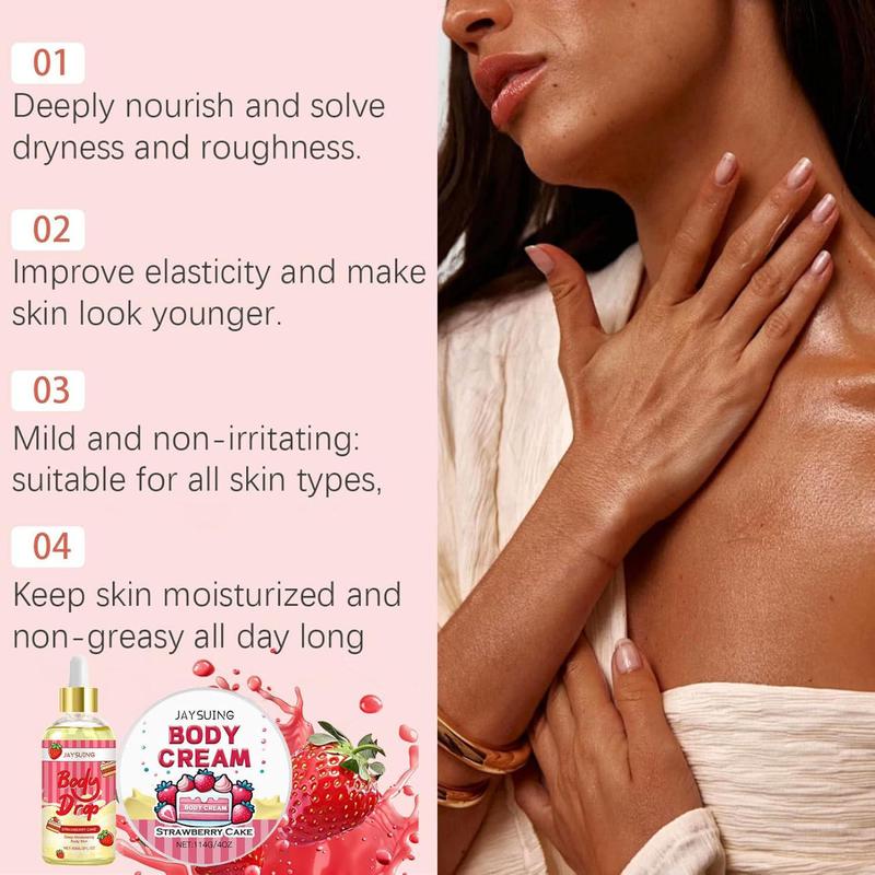 Strawberry Cake Body Skin Care Kit, 2 Counts set Body Oil & Body Cream, Moisturizing Body Care Kit for Women & Girls, Skin Care Products, Christmas Gift