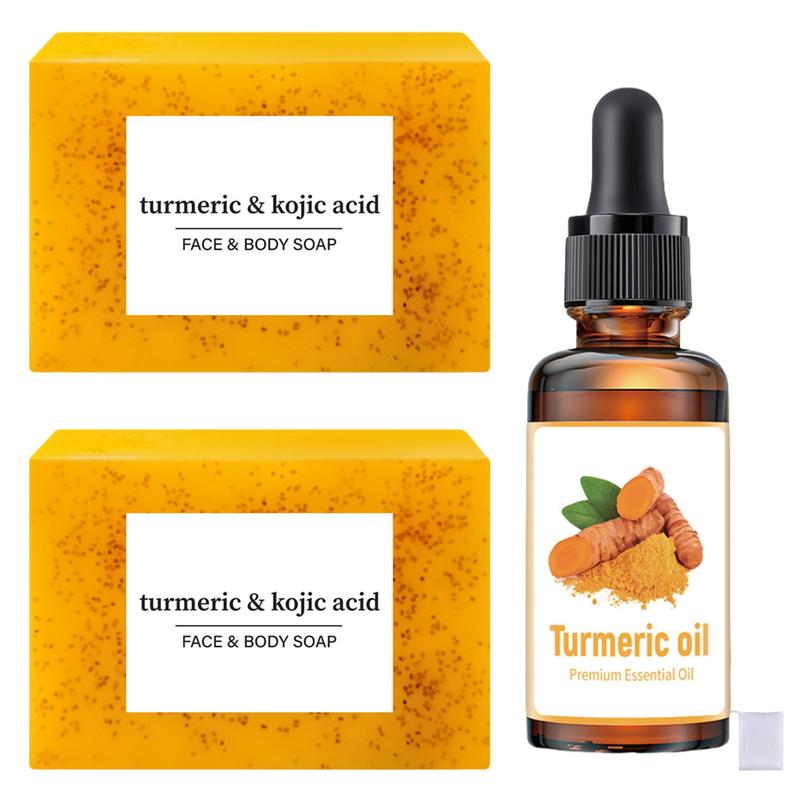 Turmeric & Kojic Acid Brightening Soap & Facial Oil & Foaming Net Set, 4 Counts set Moisturizing Skin Care Kit, Daily Skincare Set for Women & Men