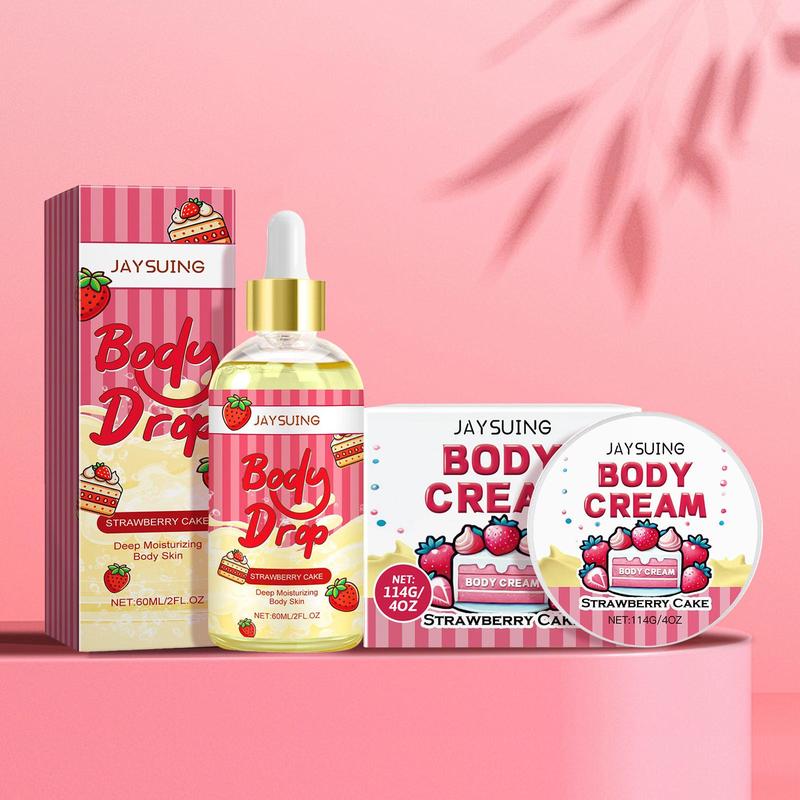 Strawberry Cake Body Skin Care Kit, 2 Counts set Body Oil & Body Cream, Moisturizing Body Care Kit for Women & Girls, Skin Care Products, Christmas Gift