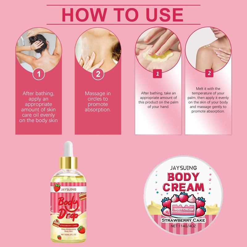 Strawberry Cake Body Skin Care Kit, 2 Counts set Body Oil & Body Cream, Moisturizing Body Care Kit for Women & Girls, Skin Care Products, Christmas Gift