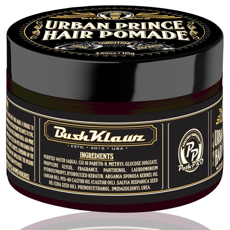 BushKlawz Urban Prince Hair Pomade Water Based Strong Hold Easy to Wash Out Gel Type for Tight Styles Men's Hair Styling Product Barber Approved Haircare Long Lasting Argan Fragrance Scented Scent