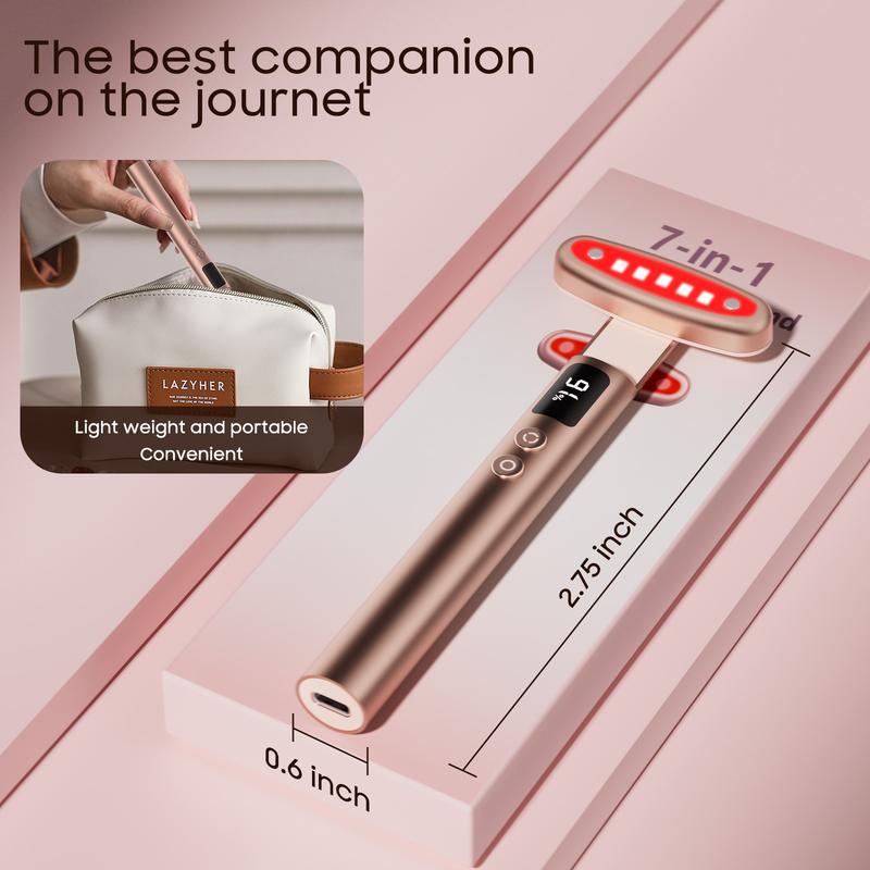 The Red Light Therapy for Face, 7 in 1 Led Beauty Wand for Eyes and Neck,Battery Level Display,Facial Massager Wand Red & Blue Rejuvenation Face & Eye Massager Comfort Skincare Tool-Rose Gold