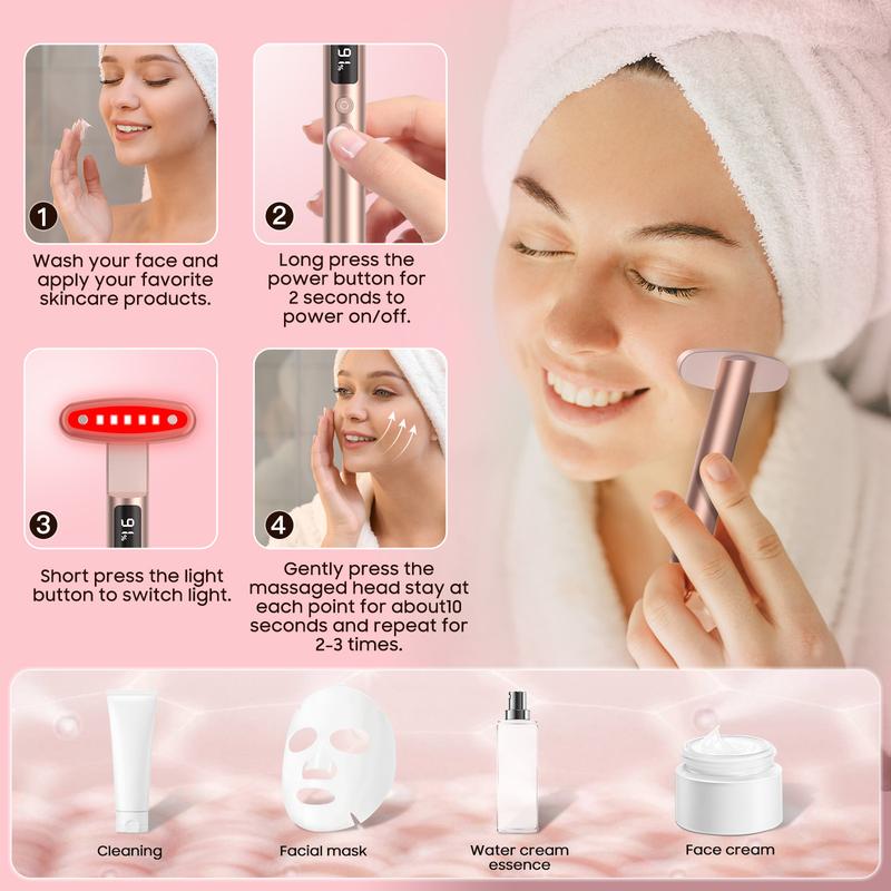 The Red Light Therapy for Face, 7 in 1 Led Beauty Wand for Eyes and Neck,Battery Level Display,Facial Massager Wand Red & Blue Rejuvenation Face & Eye Massager Comfort Skincare Tool-Rose Gold