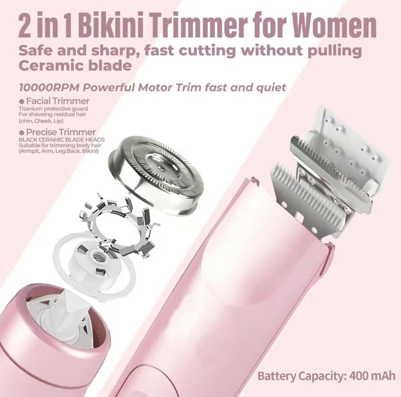 Electric Bikini Trimmer for Women, Rechargeable 2 in 1 Body & Facial Hair Removal, Waterproof Wet & Dry Use Trimmer for Women