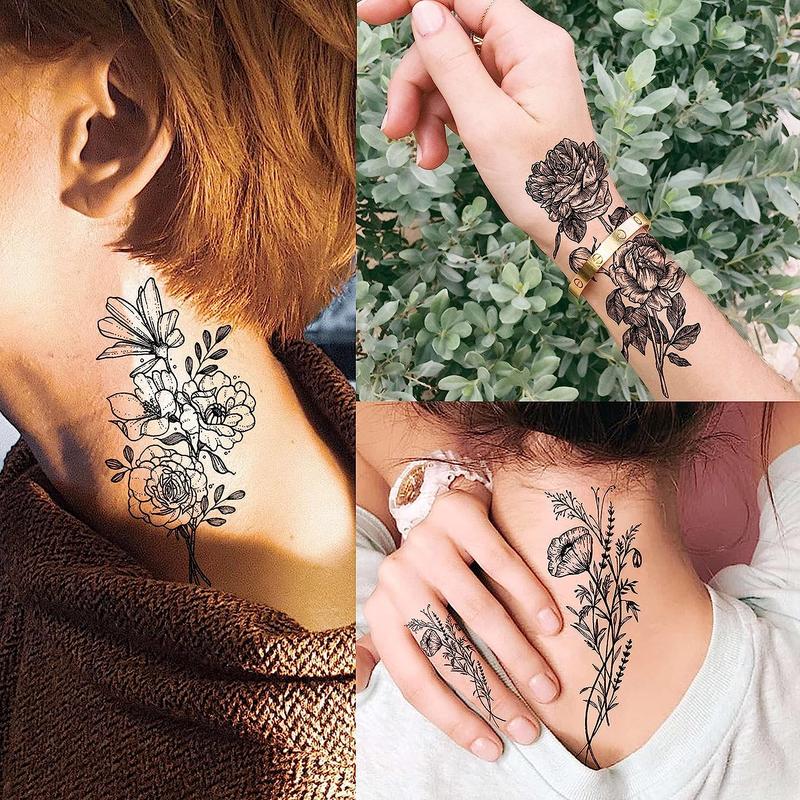 Flower Pattern Temporary Tattoo Sticker, 19pcs set Waterproof Fake Tattoo Sticker for Girls, Body Art Sticker for Women & Men Party Decor