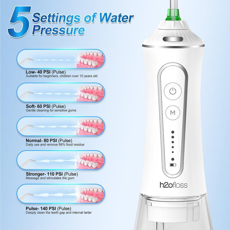 H2OFloss Cordless Oral Irrigator with 5 Modes & 300ML Water Tank, 7 Replaceable Tips for Precise Cleaning