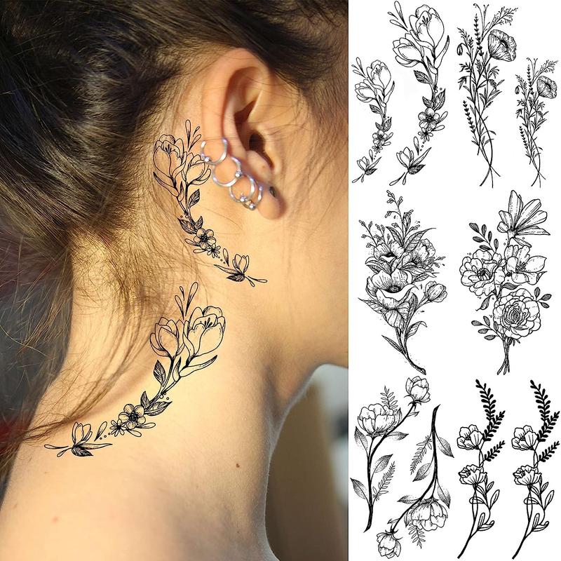 Flower Pattern Temporary Tattoo Sticker, 19pcs set Waterproof Fake Tattoo Sticker for Girls, Body Art Sticker for Women & Men Party Decor