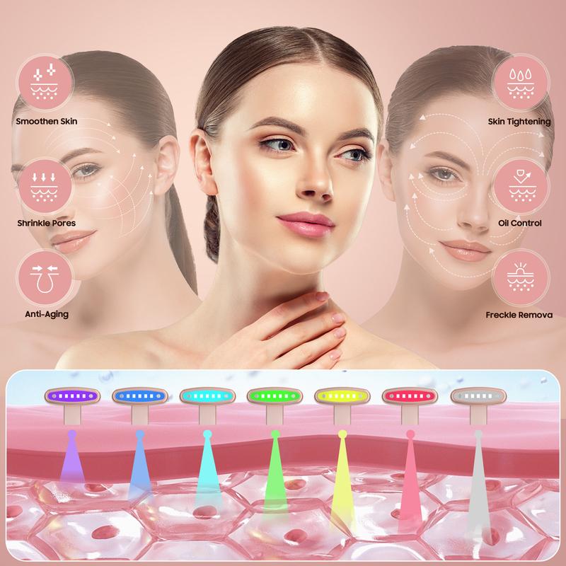 The Red Light Therapy for Face, 7 in 1 Led Beauty Wand for Eyes and Neck,Battery Level Display,Facial Massager Wand Red & Blue Rejuvenation Face & Eye Massager Comfort Skincare Tool-Rose Gold