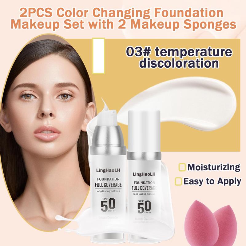 2PCS Color Changing Foundation Makeup Set with 2 Makeup Sponges,Moisturizing Full Coverage Liquid Foundation for Women,Non-greasy Long Lasting Flawless Concealer Cream Makeup Foundation Set