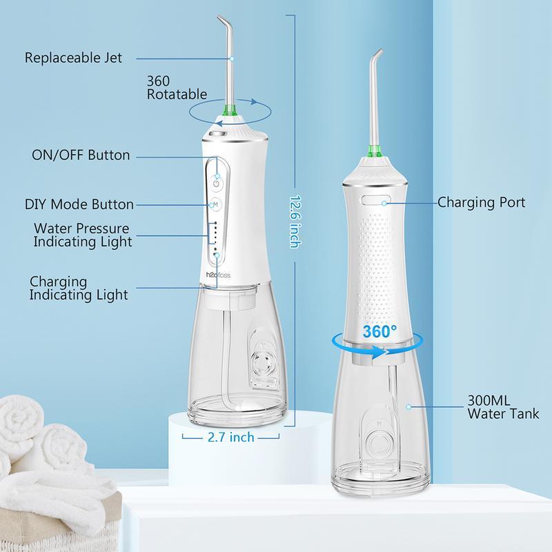 H2OFloss Cordless Oral Irrigator with 5 Modes & 300ML Water Tank, 7 Replaceable Tips for Precise Cleaning