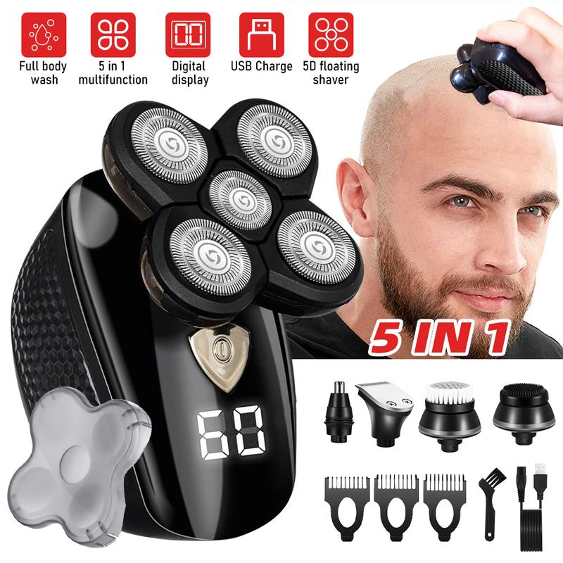 5 in1 Rotary Electric Shaver LCD Rechargeable Bald Head Hair Beard Trimmer Razor Wet Dry, Detachable Head Shavers, SHPAVVER 5D Electric Razor Waterproof for Bald Men, Wet Dry LED Display Rechargeable Rotary Shaver Grooming Kit, Mens Gift Smooth Brush