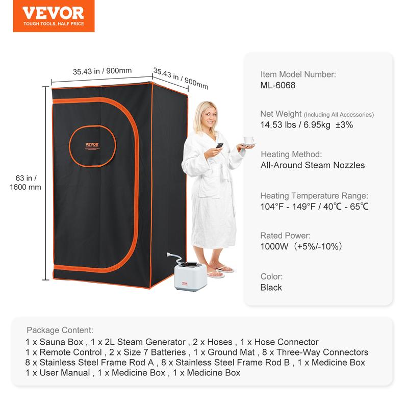 VEVOR Portable Steam Sauna Tent Full Size, 1000W Personal Sauna Blanket Kit for Home Spa, Detoxify & Soothing Heated Body Therapy, Time & Temperature Remote Control With Floor  Mat