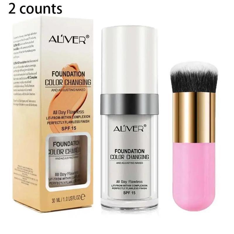 Long Lasting Liquid Color Changing Foundation & Makeup Brush Set, 2 Counts set Moisturizing Full Coverage Flawless Makeup Cream