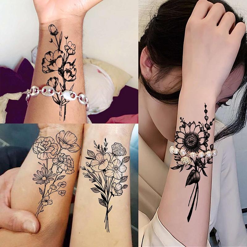 Flower Pattern Temporary Tattoo Sticker, 19pcs set Waterproof Fake Tattoo Sticker for Girls, Body Art Sticker for Women & Men Party Decor