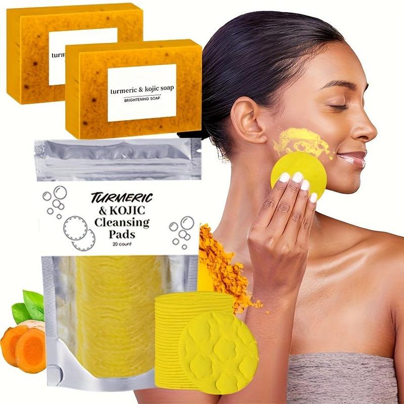 Turmeric Cleansing Set, 2 Counts Turmeric & Kojic Brightening Soap Bar & 20pcs set Facial Cleansing Pads, Facial Skin Care Kit for Women & Men