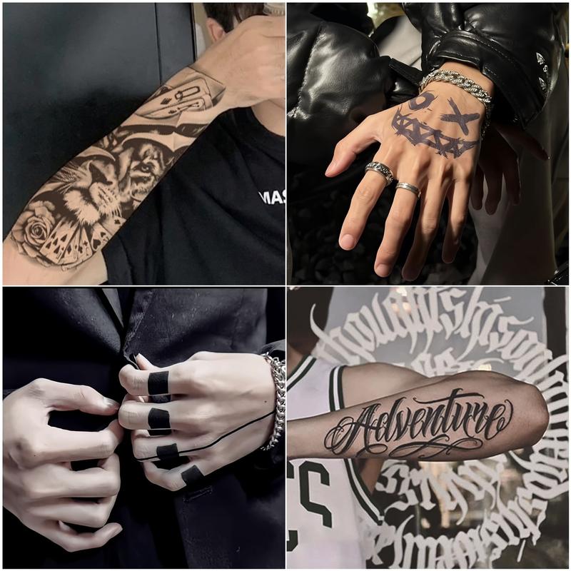 8 sheets Large-Size Realistic Waterproof SemiPermanent Tattoo Stickers,Black Temporary Tattoos Stickers Lasts 7-15 Days, Forearm Designs Featuring Tribal, Wolf, Tiger, Lion, Owl, Skeleton Skull, Temp Halloween Fake Tattoo Stickers, Rose, and Animals