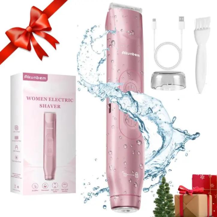 Akunbem Bikini Trimmer for Women, Electric Shaver and Razor Rechargeable 2-in-1 Body and Facial Epilator, Dual Heads for Painless Trimming of Pubic Hair, Face, Underarms and Legs, IPX7 Waterproof. Christmas Gift New Year Gift