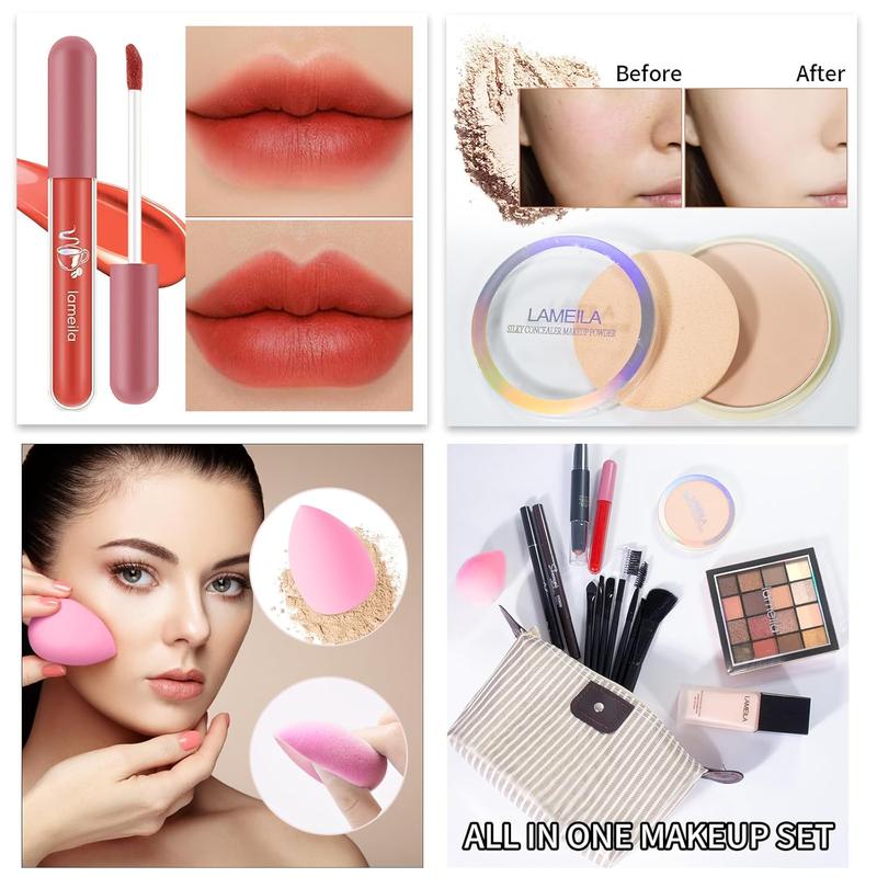 Makeup Set Full Kit for Girls Teens Women, Makeup Present Set, Includes Eyeshadow, Foundation, counter stick, Powder, Eyebrow Pencil, Eyeliner, Brushes, Lip Gloss, Sponge,  Bag