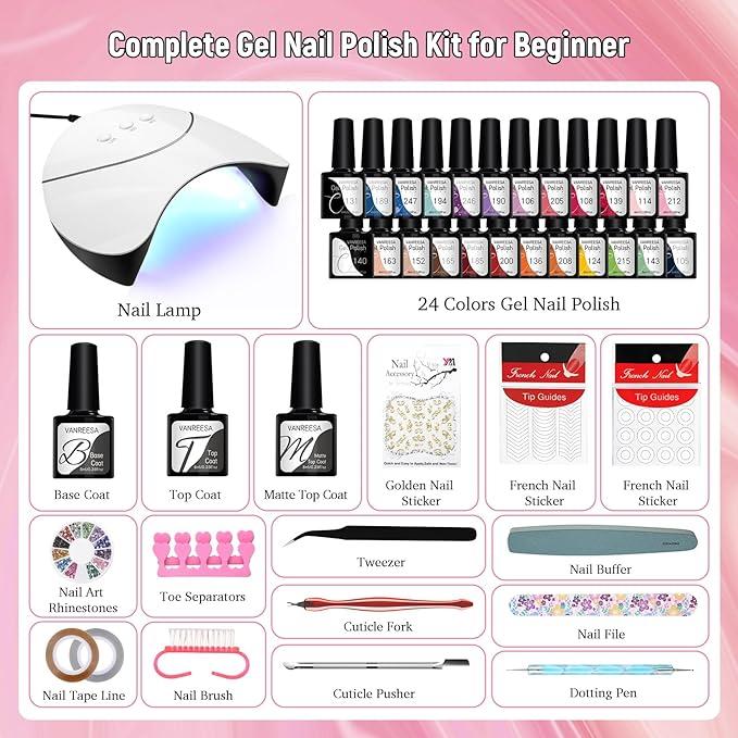 42 Pcs Gel Nail Polish Kit with U V Light 24 Colors Gel Nail Polish Set Glossy & Matte Top Coat Complete Gel Nail Kit with Manicure Tools for All Seasons Gifts for Women Nail Art Nail Care