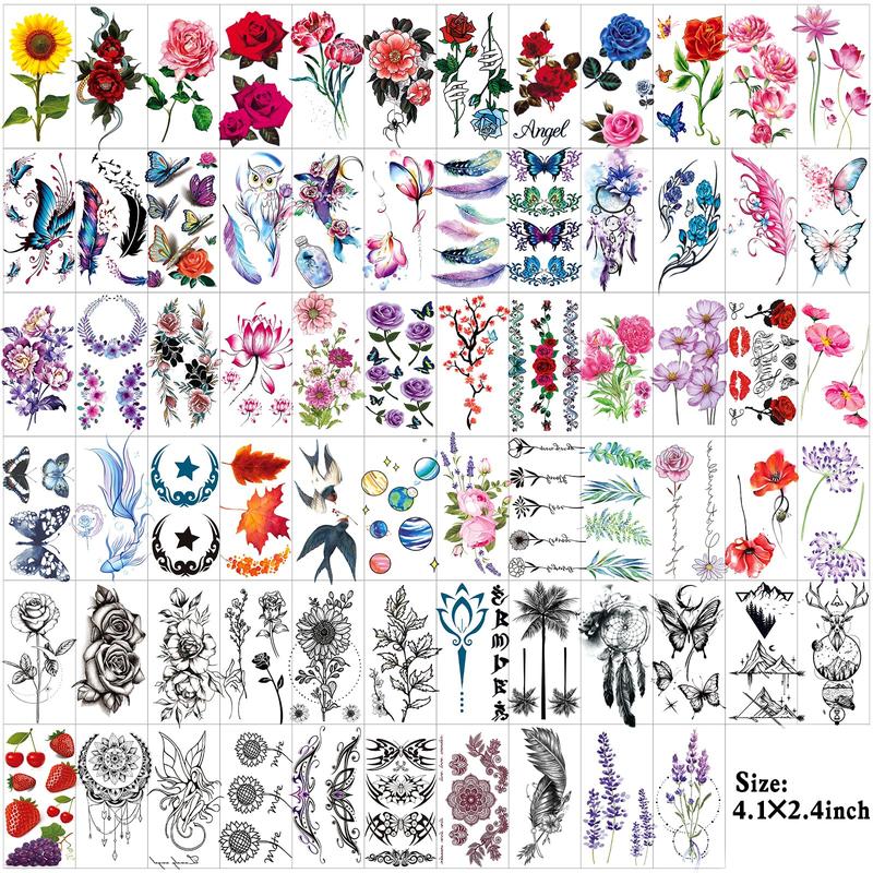 82 Sheets Flowers Temporary Tattoo Stickers, Roses, Butterflies and Multicolor Mixed Style Body Art Temporary Tattoos for Women