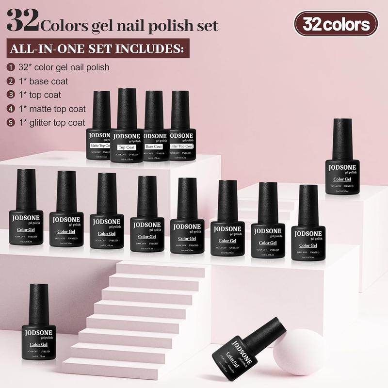 JODSONE 35 PCS Gel Nail Polish Set with 32 Colors Gel polish Kit Base Coat No Wipe Matte Glossy Top Coat Nail Polish Set Green Blue Red Pink Collection Gifts for Women Mother's day gifts