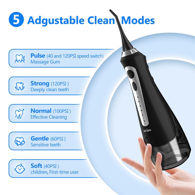 Sejoy Water Flosser for Teeth Cleaning, Electric Portable, 5 Cleaning Modes 8 Jet Tips, IPX7 Waterproof, 230ml, for Travel and Home