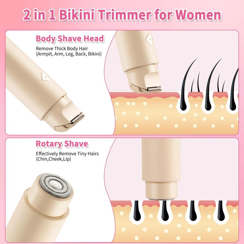 Christmas Gift, Electric Bikini Trimmer for Women, Rechargeable 2-in-1 Body and Facial Hair Removal, Waterproof Hair Shaver and Razor, Dual Head Wet Dry Use Trimmer, Gift for Girlfriend