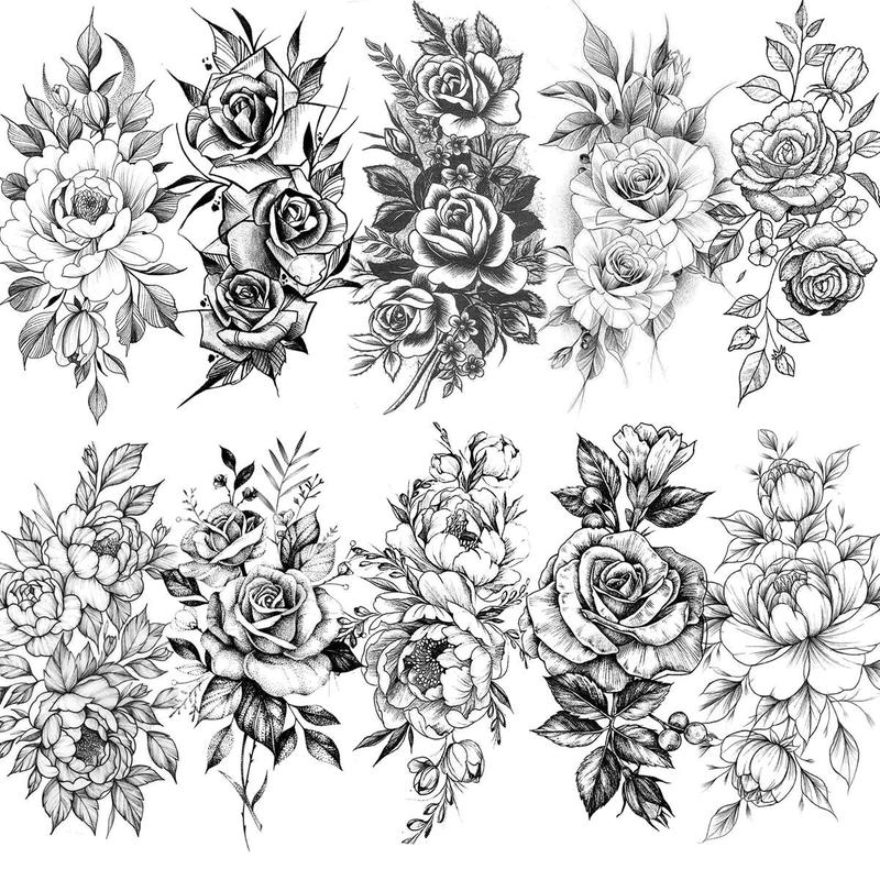 Realistic Flower Pattern Temporary Tattoo Sticker, 10pcs set Fake Tattoo Sticker, Long Lasting Body Art Sticker for Women & Girls