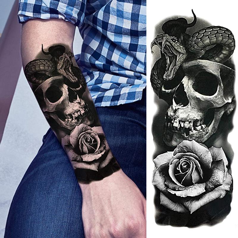 Snake & Rose & Skull Head Pattern Temporary Tattoo Sticker, 1 Count Arms & Legs Tattoo Sticker, Body Decoration for Men & Women