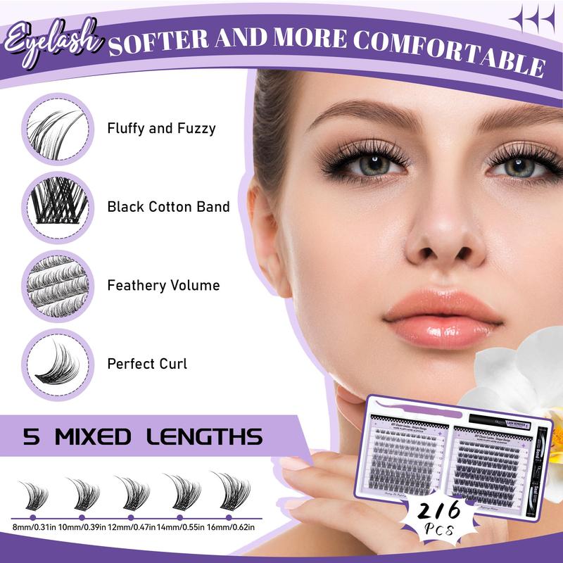 Mixed Length Individual False Eyelashes & Eyelash Glue & Tweezers & Eyelash Remover, 216pcs Natural Look Eyelashes, Eye Makeup Product for Women & Girls, Christmas Gift