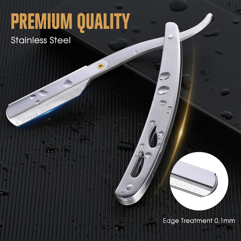 Professional Straight Razors, Straight Edge Razor Shaving Kit for Men with Silver Straight Blade Razor, 20-Pack Single Edge Blade, Scissors, Tweezers, Leather Blade Holder