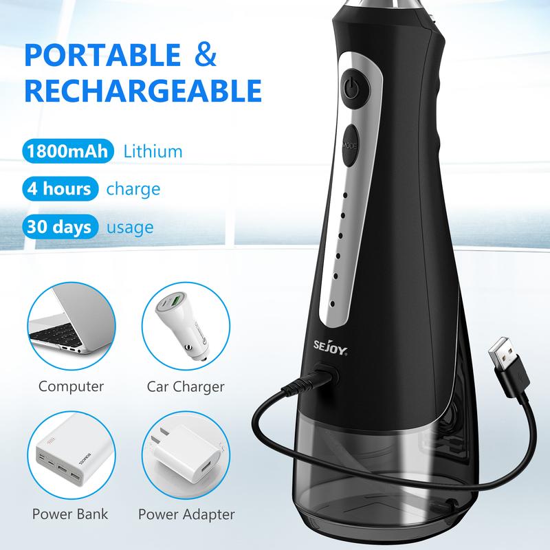 Sejoy Water Flosser for Teeth Cleaning, Electric Portable, 5 Cleaning Modes 8 Jet Tips, IPX7 Waterproof, 230ml, for Travel and Home