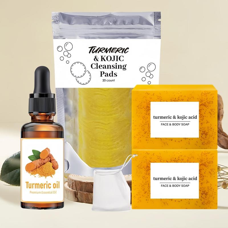 Turmeric Comfort Cleansing Set, Turmeric Soap Bar & Turmeric Oil & Turmeric Kojic Cleansing Pads, Daily Skincare Set for Face & Body, Gender Neutral Hygiene Products, Christmas, Christmas Gift