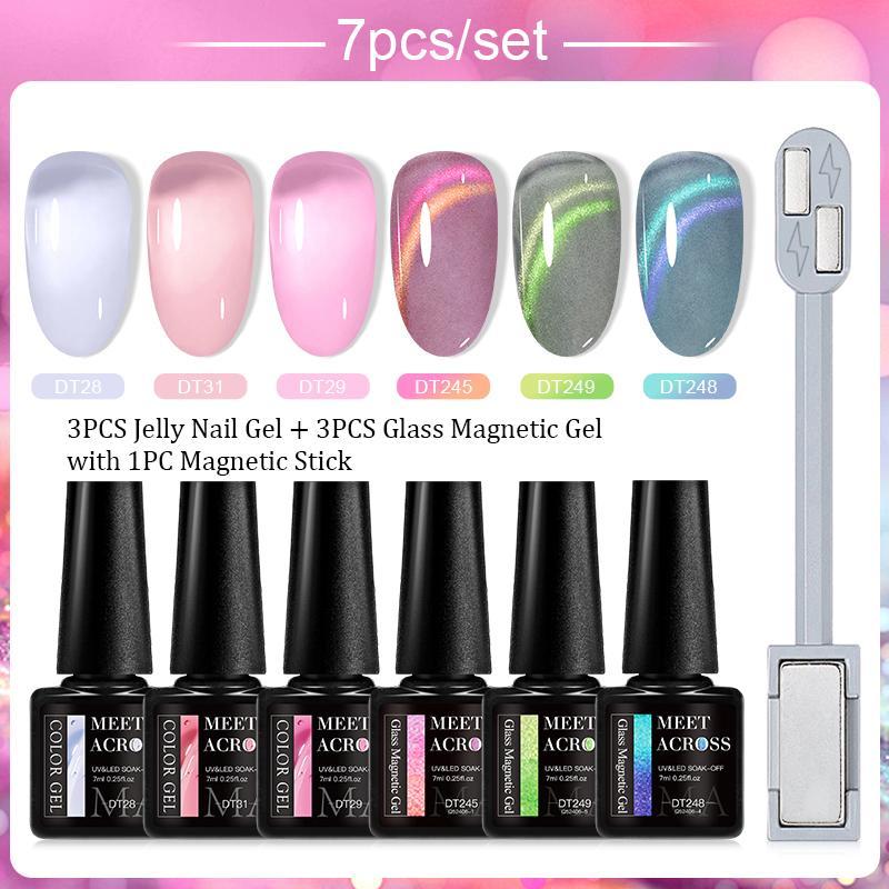 Glass Crystal Jelly Cat Eye Style Nail Gel, 7 Counts set Semi-permanent UV LED Varnish with Stick, Nail Art & Nail Polish for Women, Christmas Gift