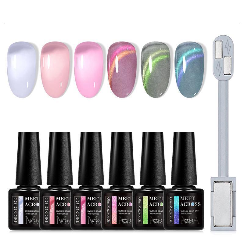 Glass Crystal Jelly Cat Eye Style Nail Gel, 7 Counts set Semi-permanent UV LED Varnish with Stick, Nail Art & Nail Polish for Women, Christmas Gift