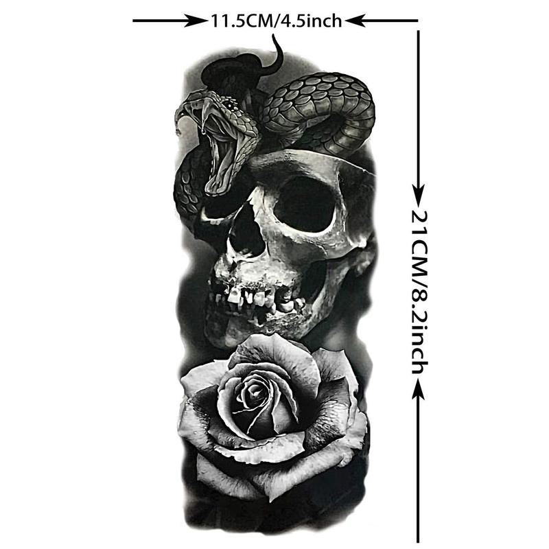 Snake & Rose & Skull Head Pattern Temporary Tattoo Sticker, 1 Count Arms & Legs Tattoo Sticker, Body Decoration for Men & Women