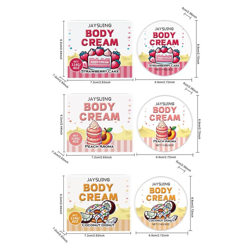 Strawberry Cake & Peach & Coconut Donut Body Cream, 1 3 Boxes Moisturizing Body Cream, Hydrating Body Lotion for Women, Body Care Product for Daily Use