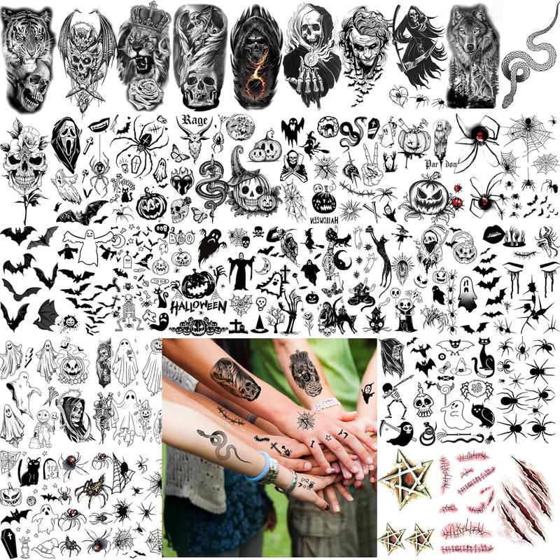 52 Sheets Black  Temporary Tattoos for  Men Women, Include 10 Sheets Large Half Arm Sleeve  Tattoos, 200+  Spider Snake Tiger Lion  Bat Vampire Scar  Tattoos