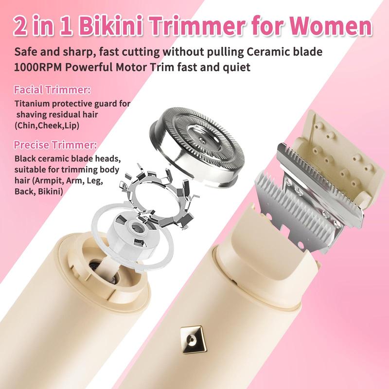 Christmas Gift, Electric Bikini Trimmer for Women, Rechargeable 2-in-1 Body and Facial Hair Removal, Waterproof Hair Shaver and Razor, Dual Head Wet Dry Use Trimmer, Gift for Girlfriend