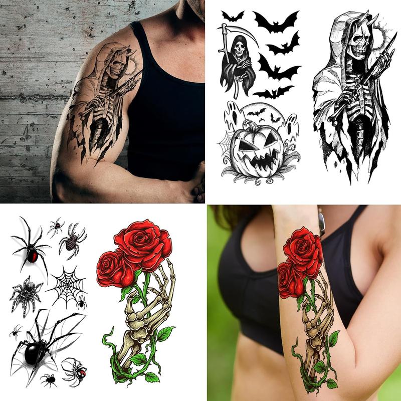 52 Sheets Black  Temporary Tattoos for  Men Women, Include 10 Sheets Large Half Arm Sleeve  Tattoos, 200+  Spider Snake Tiger Lion  Bat Vampire Scar  Tattoos