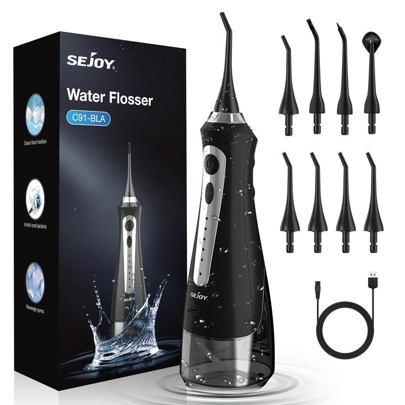 Sejoy Water Flosser for Teeth Cleaning, Electric Portable, 5 Cleaning Modes 8 Jet Tips, IPX7 Waterproof, 230ml, for Travel and Home