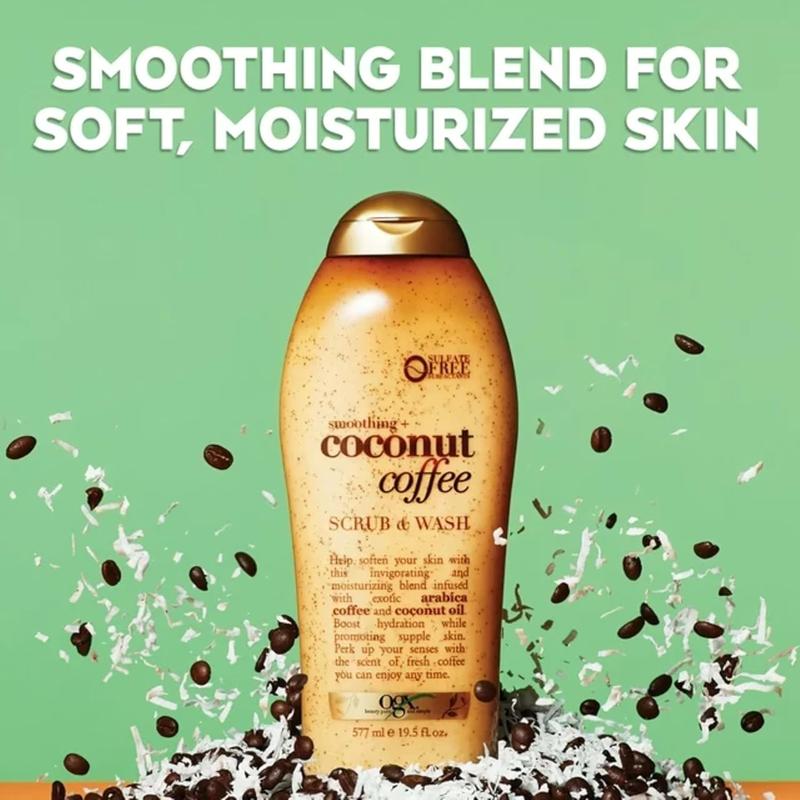 OGX Smoothing + Coconut Exfoliating Body Scrub with Arabica Coffee & Coconut Oil, Moisturizing Body Wash for Dry Skin, 19.5 Fl Oz Body Care Moisture Cream Daily