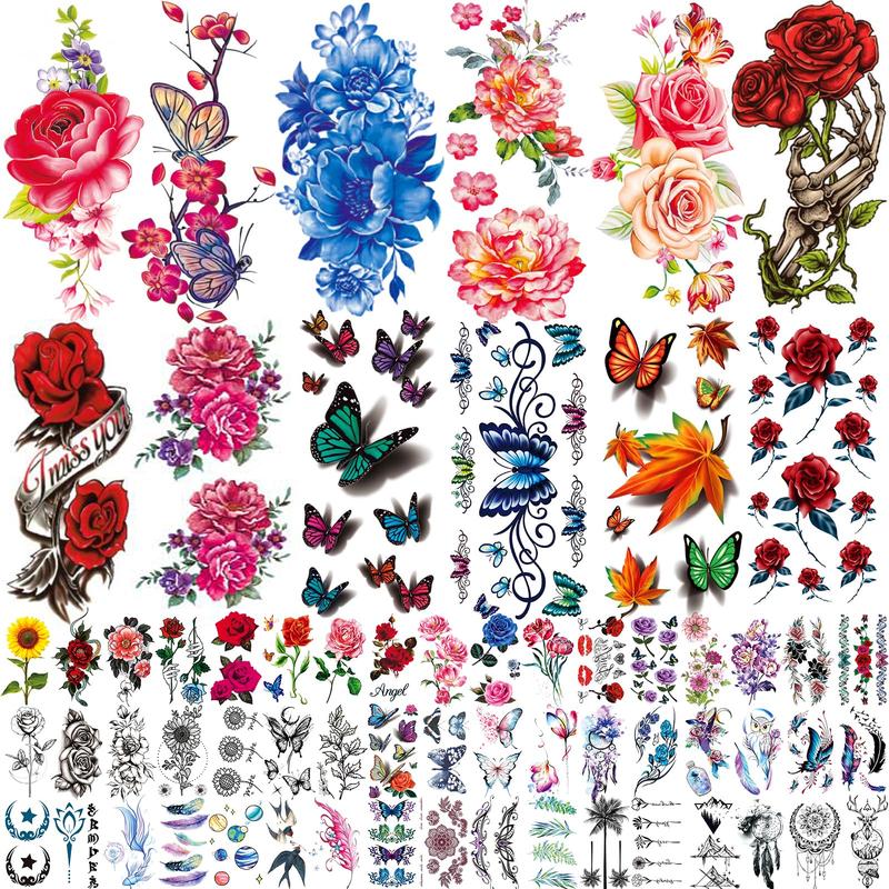 82 Sheets Flowers Temporary Tattoo Stickers, Roses, Butterflies and Multicolor Mixed Style Body Art Temporary Tattoos for Women