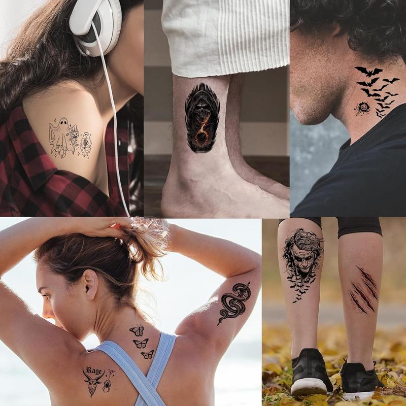 52 Sheets Black  Temporary Tattoos for  Men Women, Include 10 Sheets Large Half Arm Sleeve  Tattoos, 200+  Spider Snake Tiger Lion  Bat Vampire Scar  Tattoos